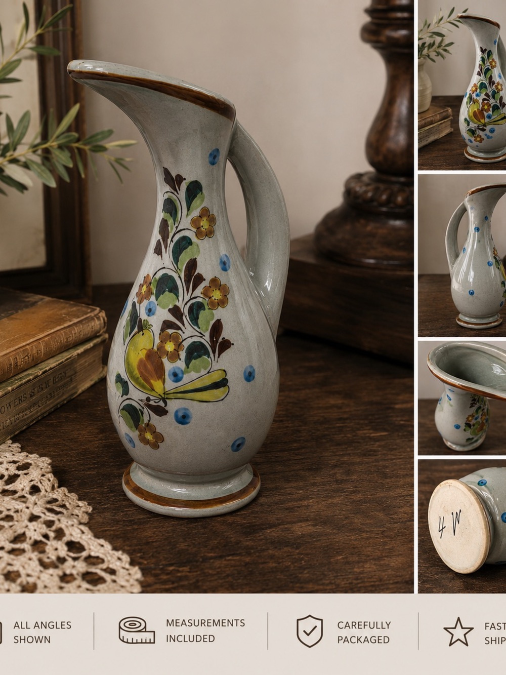 Vintage Folk Art Ceramic Pitcher Ewer Hand Painted Bird Floral Vase MCM Decor
